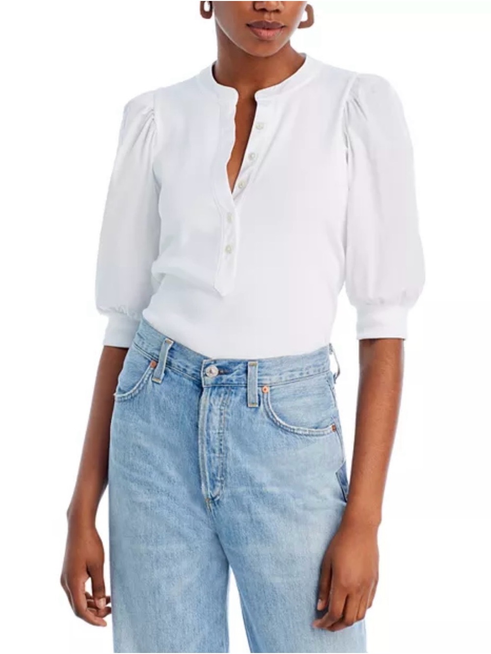 Veronica Beard Jeans White Pima Cotton Ribbed Puff Sleeve Henley Top XS